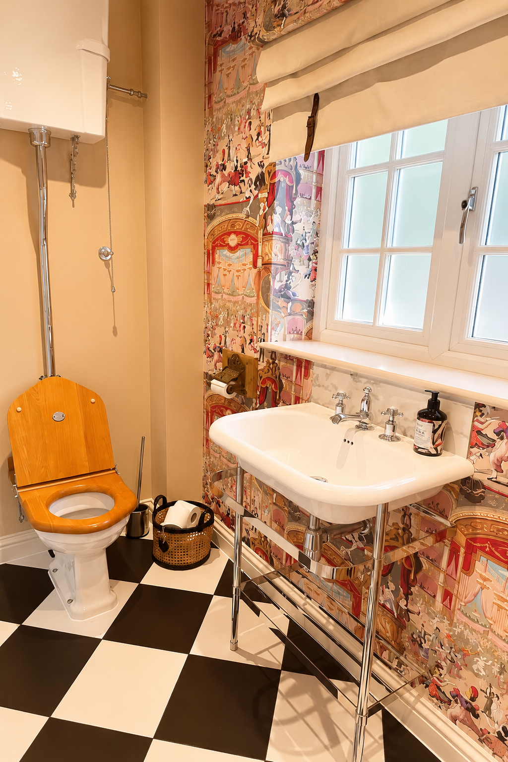 The downstairs shower room with traditional fixtures and character wallpaper